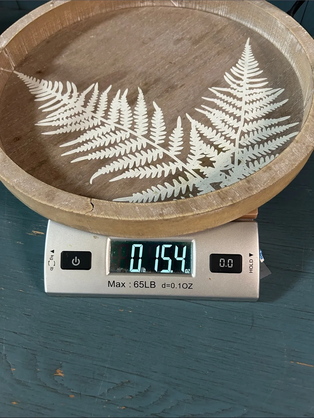 Hand Crafted Natural Wood Tray with White Fern and Black Handles | 11” Round